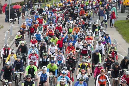 RIGA, LATVIA - MAY 31, 2015: Mass start of Riga Cycling Marathon Folk Distance (31.6km).