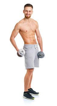 Sport man with dumbbells on the white background