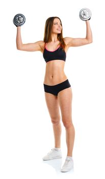 Happy athletic woman with dumbbells doing sport exercise, isolated on white background