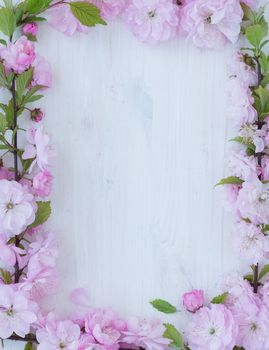 Flowers frame on white wooden background