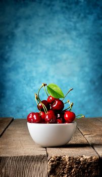 Ripe cherries in plate on a wooden table