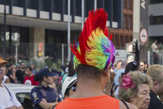 SAO PAULO, BRAZIL - June 7, 2015: An unidentified man  wearing costume and celebrating lesbian, gay, bisexual, and transgender culture in the 19º Pride Parade Sao Paulo.
