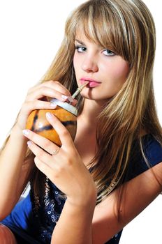 girl drinking mate she using calabash and  bombilla