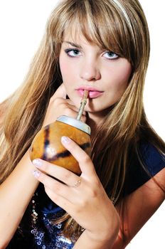  	girl drinking mate she using calabash and bombilla