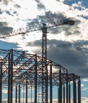 Construction site. Framework of the new building and tower crane above it.