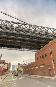 New York. Brooklyn Bridge as seen from Brooklyn streets.