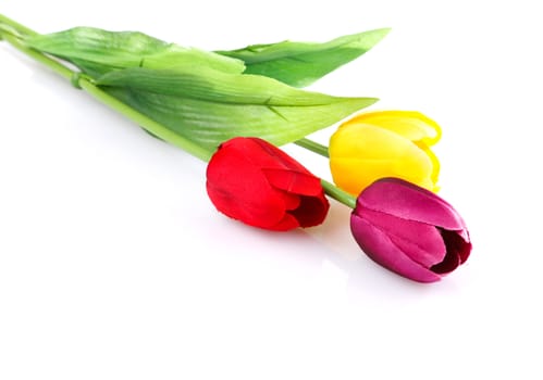 three artificial tulips isolated on white