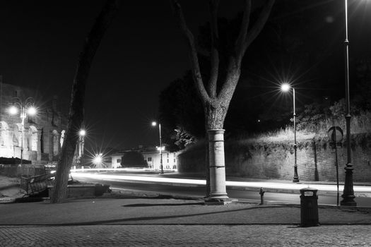 street in Rome at night with light trails