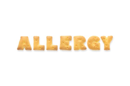 Collage of the capital letters word ALLERGY. Alphabet cookie biscuits isolated on white background