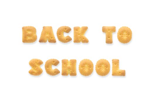 Collage of the character word BACK TO SCHOOL. Alphabet cookie cracker isolated on white background