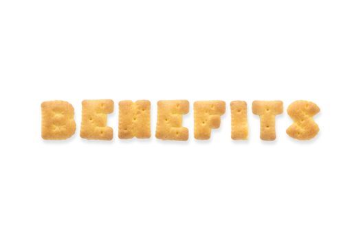 Collage of text word BENEFITS. Alphabet biscuit cracker isolated on white background