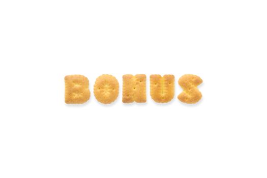 Collage of the uppercase letter-word BONUS. Alphabet cookie crackers isolated on white background
