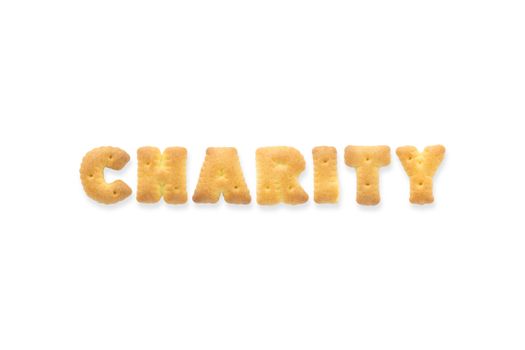Collage of the character word CHARITY. Alphabet cookie cracker isolated on white background