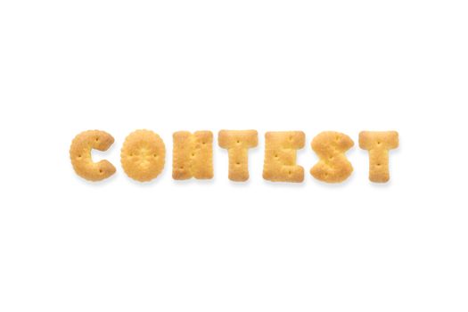 Collage of text word CONTEST. Alphabet biscuit cracker isolated on white background