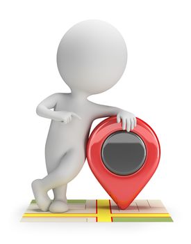 3d small person standing on the map with a pointer. 3d image. White background.