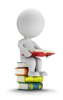 3d small person sitting on the books. 3d image. White background.