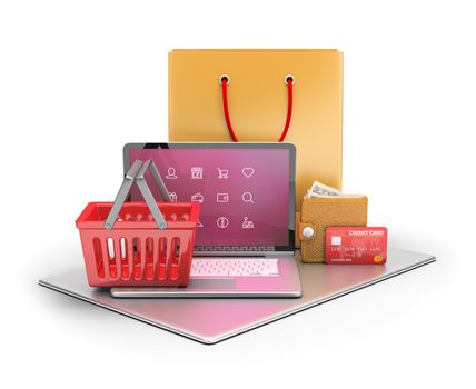 3d concept of e-commerce and online store. 3d image. White background.