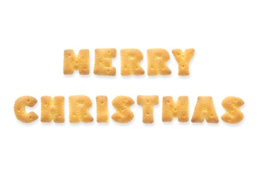 Collage of the character word MERRY CHRISTMAS. Alphabet cookie cracker isolated on white background
