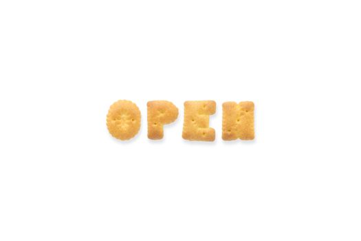 Collage of the uppercase letter-word OPEN. Alphabet cookie crackers isolated on white background