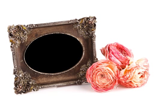 empty vintage frame with dry rose, clipping path