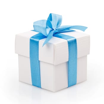 white gift box with blue ribbon and bow isolated on white with clipping path
