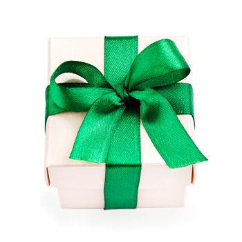 white gift box with green ribbon and bow isolated on white top view
