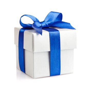  white gift box with blue ribbon and bow isolated on white top view