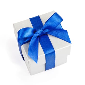 Grey gift box with blue bow isolated on white with clipping path top view