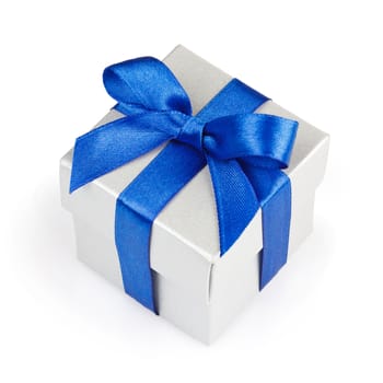  white gift box with blue ribbon and bow isolated with clipping path