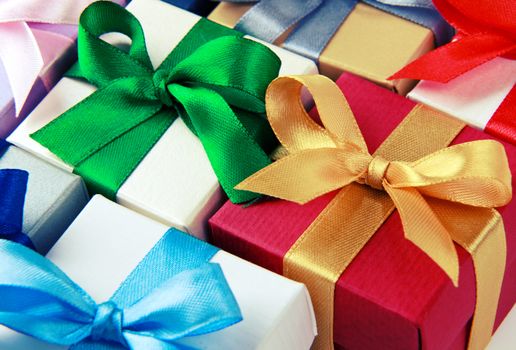 colorful gift boxes with bows top view