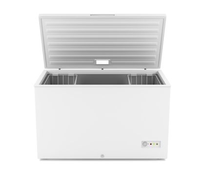 Open chest freezer on white background