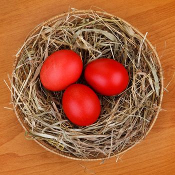 red Easter eggs in the nest