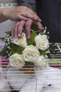 The newlyweds and dovesThere’s a cage with doves inside and a bouquet of multicolored roses on them. Wedding rings are on the tender hands of a just married couple holding the roses.