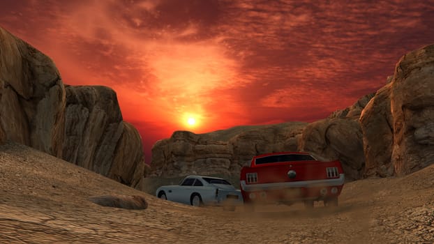 Scenic Retro Road Car Race with Beautiful Rock Formations Surround the Road - Illustration