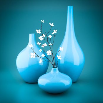 set of porcelain vases on a blue background