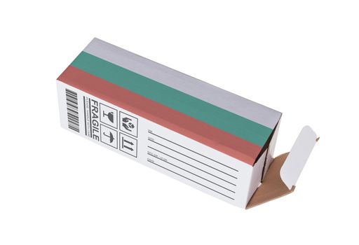 Concept of export, opened paper box - Product of Bulgaria