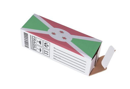 Concept of export, opened paper box - Product of Burundi