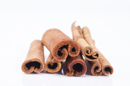 group of dried cinnamon stics isolated on white background