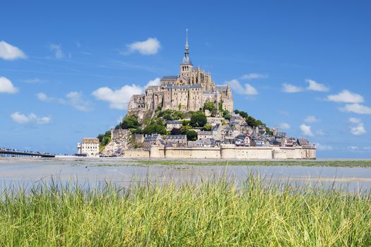 View of famous Mont-Saint-Michel and green grass, France, Europe.