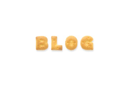 Collage of the uppercase letter-word BLOG. Alphabet cookie crackers isolated on white background