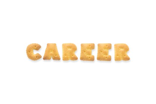 Collage of the uppercase letter-word CAREER. Alphabet cookie crackers isolated on white background