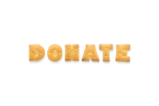 Collage of the capital letters word DONATE. Alphabet cookie biscuits isolated on white background