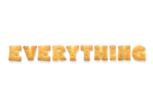 Collage of the character word EVERYTHING. Alphabet cookie cracker isolated on white background