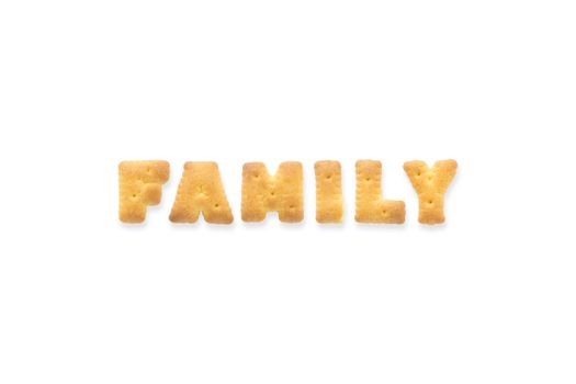 Collage of the character word FAMILY. Alphabet cookie cracker isolated on white background