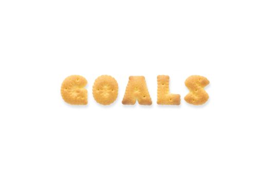 Collage of text word GOALS. Alphabet biscuit cracker isolated on white background
