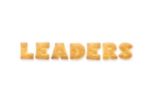 Collage of the uppercase letter-word LEADERS. Alphabet cookie crackers isolated on white background