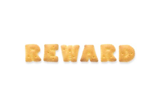 Collage of the capital letters word REWARD. Alphabet cookie biscuits isolated on white background