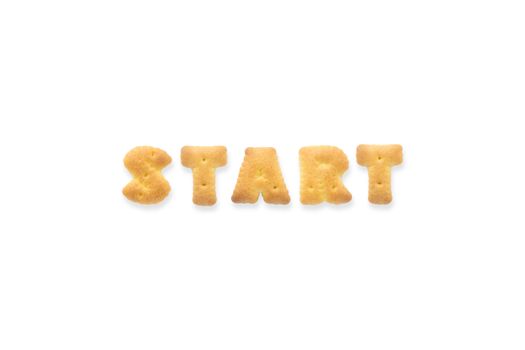 Collage of the capital letters word START. Alphabet cookie biscuits isolated on white background