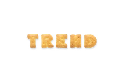 Collage of text word TREND. Alphabet biscuit cracker isolated on white background