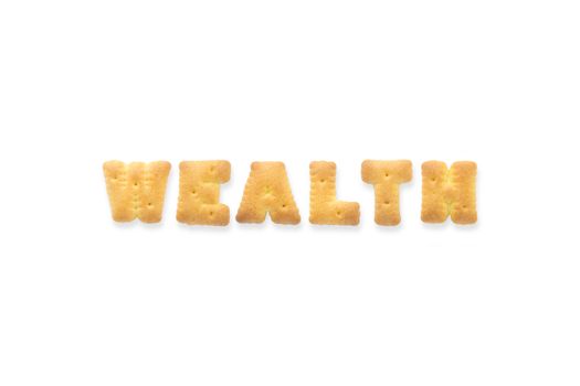 Collage of text word WEALTH. Alphabet biscuit cracker isolated on white background